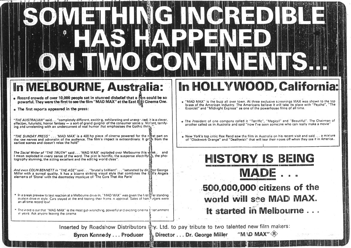 Mad Max Something Incredible Has Happened On Two Continents Ad